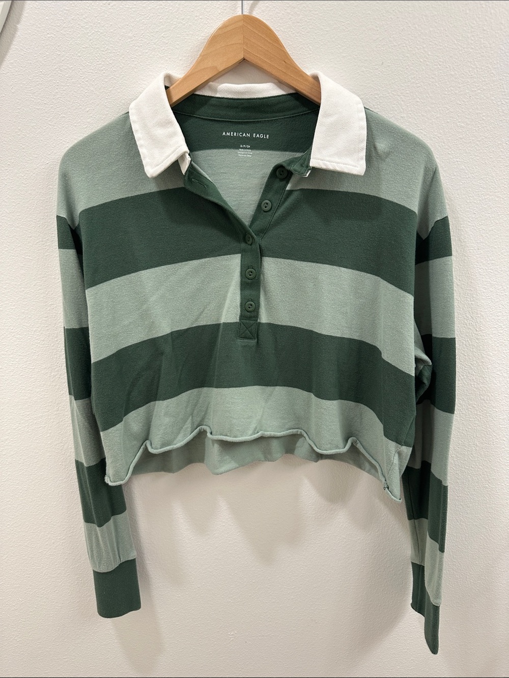 American Eagle Outfitters Sage & Forest Green Striped Cropped Preppy Rugby Polo